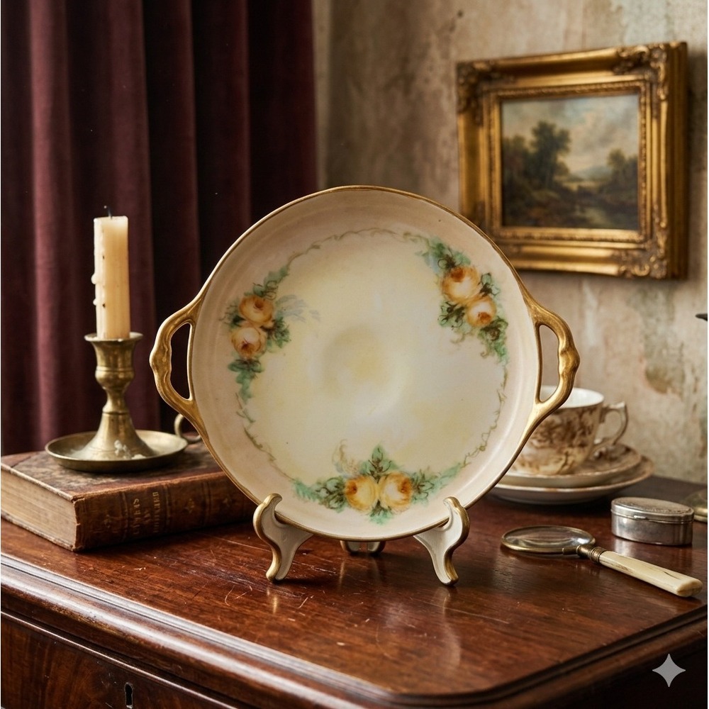 Antique Germany Hand Painted Porcelain Handled Cake Plate Yellow Rose Gold Trim
